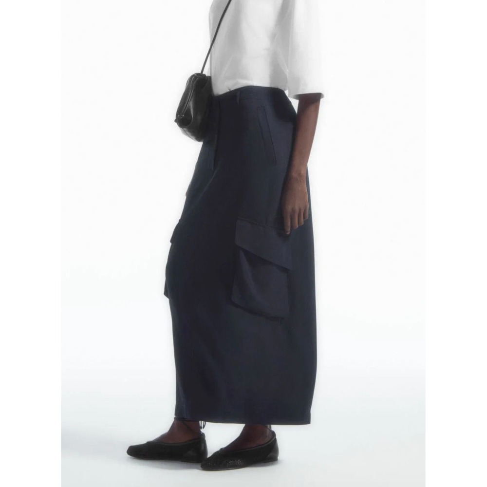 COS Paperbag Utility Cargo Maxi Skirt Navy Blue Womens Size 8